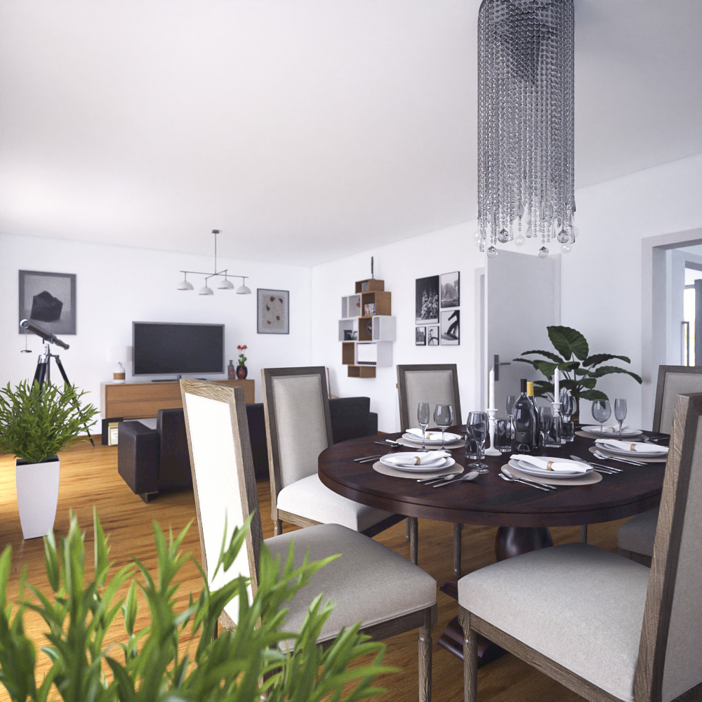 Eine moderne Wohnung mit Esstisch, Stühlen und einer gemütlichen TV-Ecke