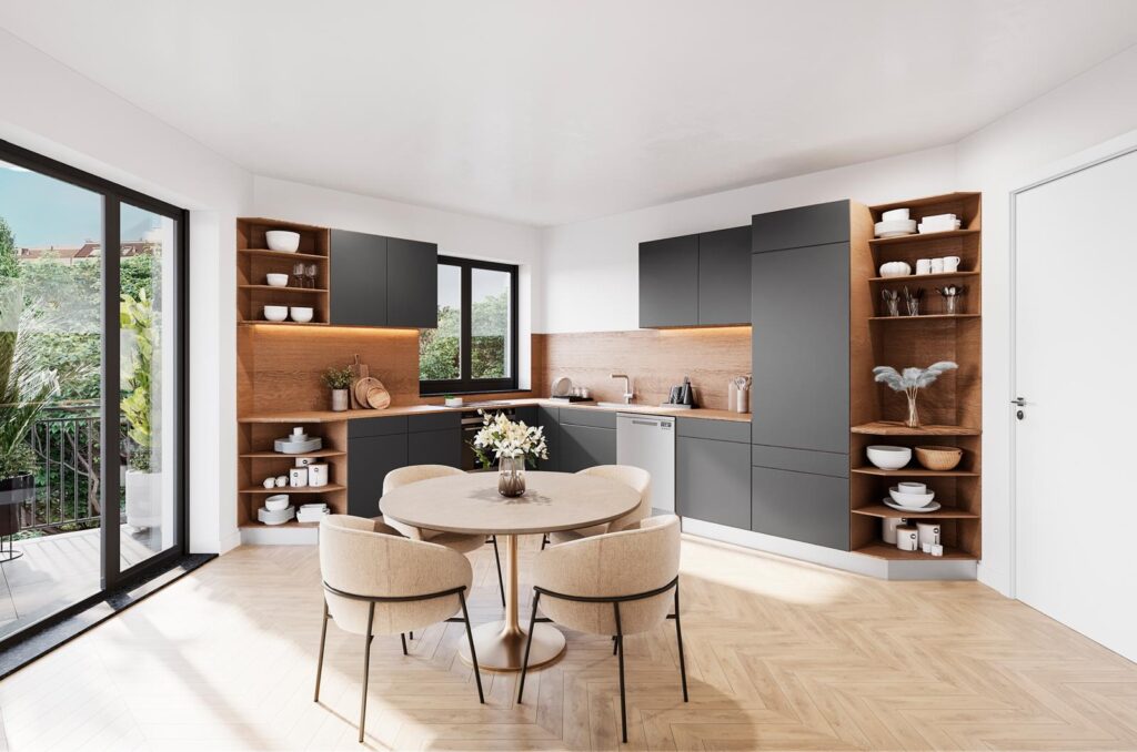 Moderne Küche in dunklem grün mit akzentuierter Beleuchtung und einem runden Tisch