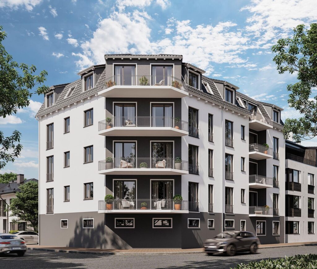 Modernes Haus mit weißer Fasse und braunen Akzenten in der Frontalansicht