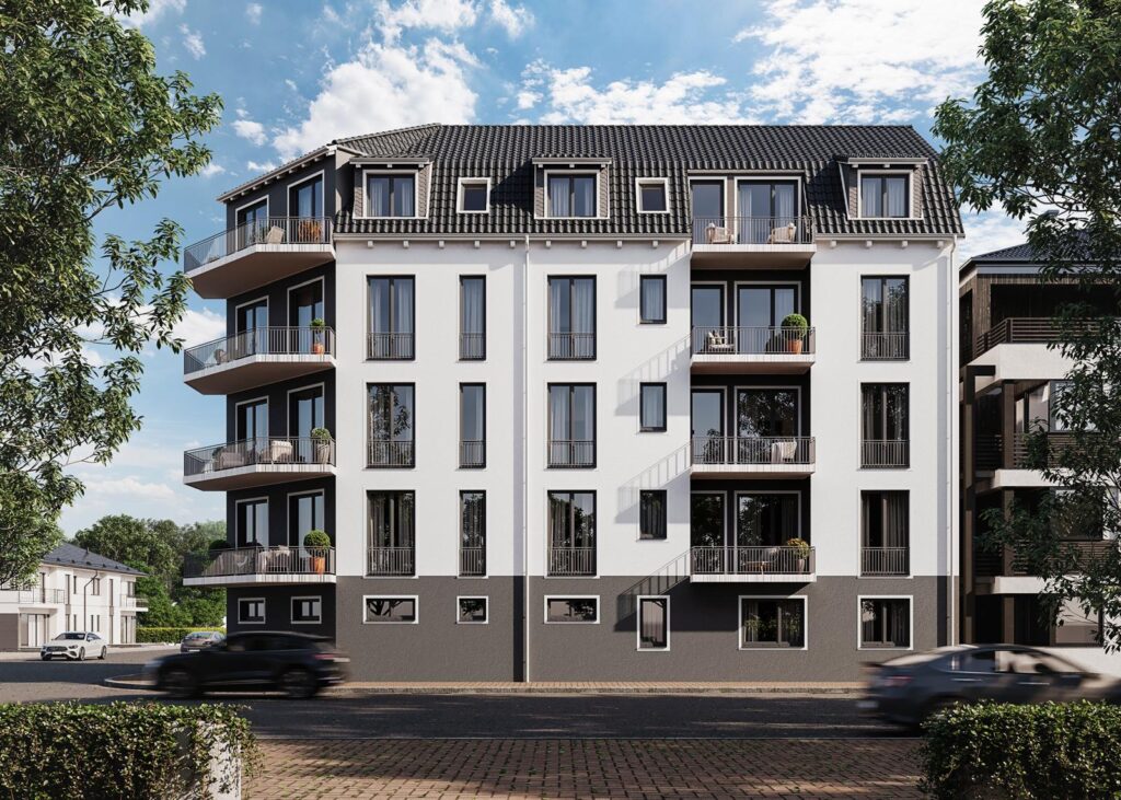 Modernes Haus mit weißer Fassede und braunem Dach. Davor ein paar Bäume.