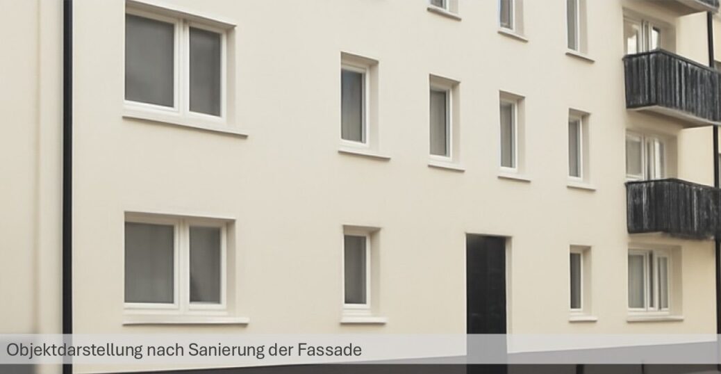 hellgelbes Mehrfamilienhaus mit grünen Balkonen